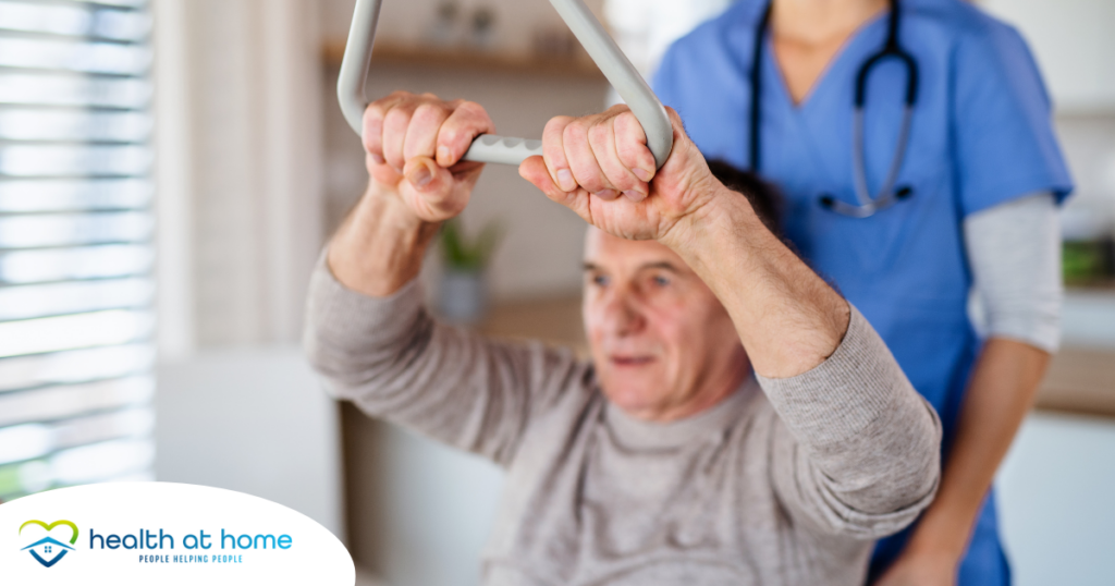 A senior exercises and improves his strength through physical therapy in his own home.
