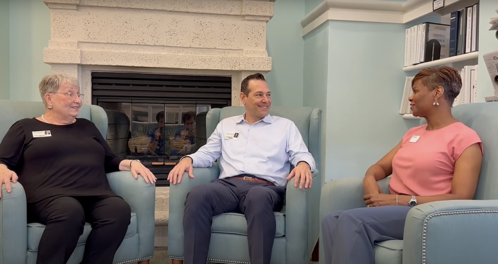 Gerri, Shawn, and Merry from Health At Home and Sandhill Cove have a fireside chat.