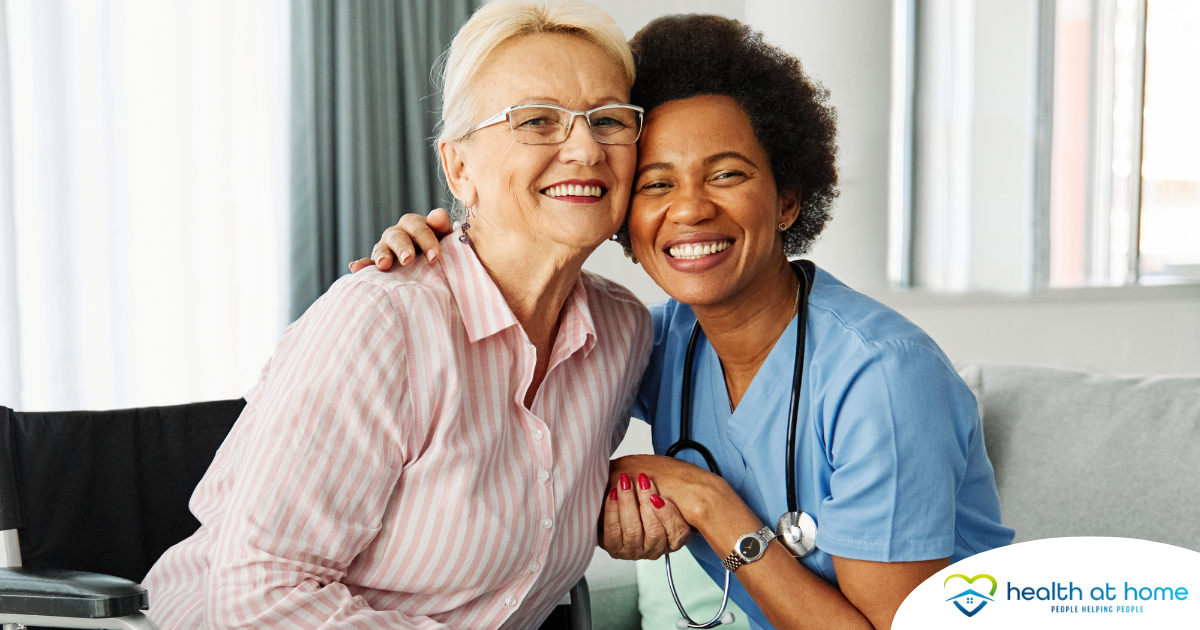 A nurse hugs a senior client at home showing how being in home health as a licensed practical nurse can be rewarding.