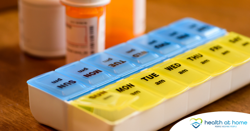 Medication bottles and a weekly pill box represent medication management.
