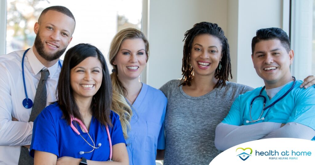 A variety of happy healthcare workers represent the results of good collaboration between home health professionals.