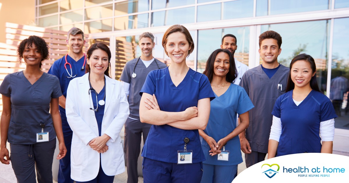 A variety of happy healthcare workers represent the various roles that can come from a career in home health.