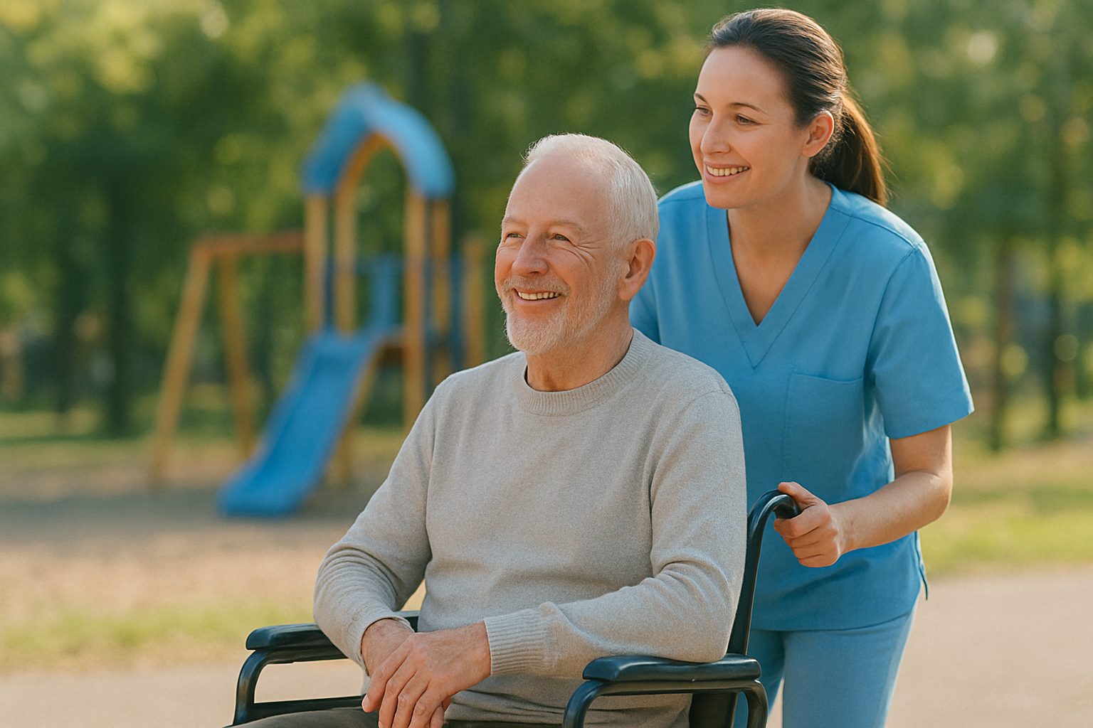 Senior man in wheelchair with caregiver, enjoying outdoors, highlighting senior care services.