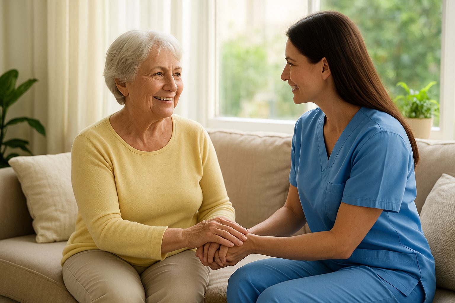 Elder home care services: caregiver holds hands with senior woman