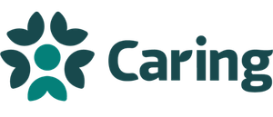 Caring logo with teal abstract floral design and text