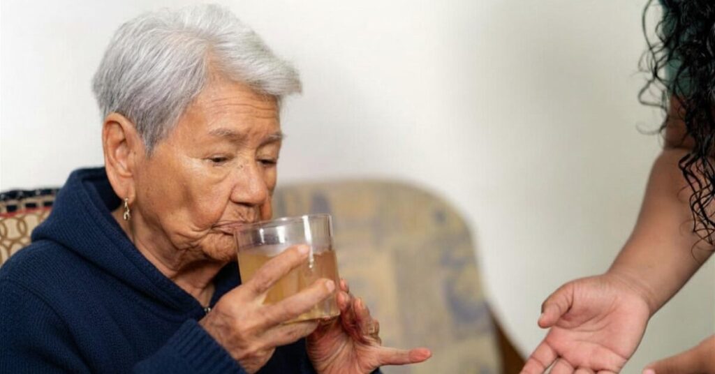 elderly woman with swallowing disorder treatment drinking during adult speech therapy