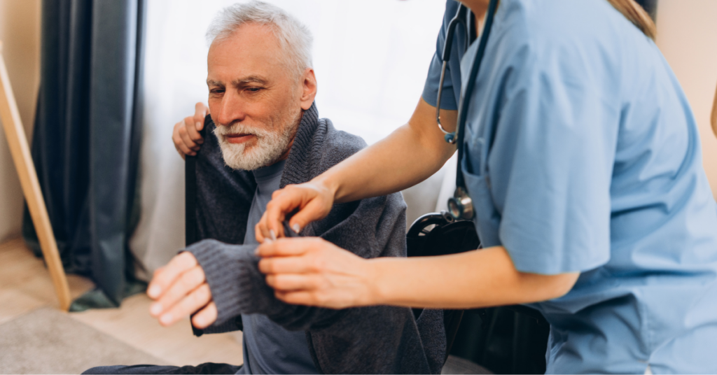 private duty caregiver helping dementia patient