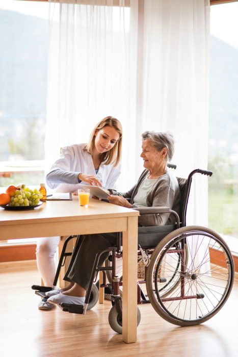 Caregiver assisting senior woman in wheelchair with tablet in Indian River Shores home care setting.